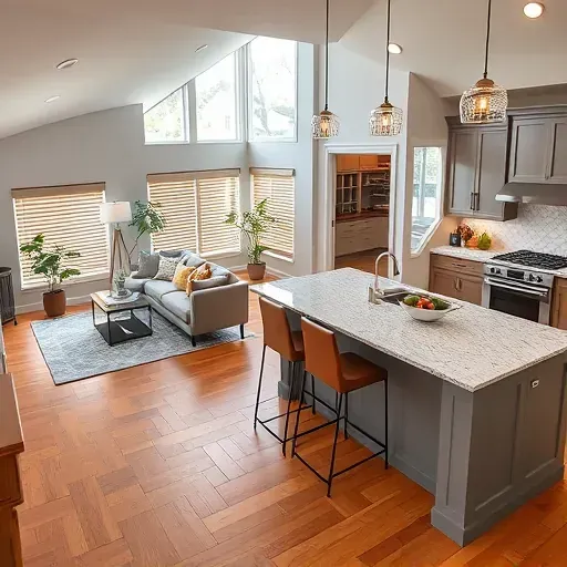 Modern kitchen and living room in Foothill Boulevard UT featuring granite counters, stainless steel appliances, and open layout.