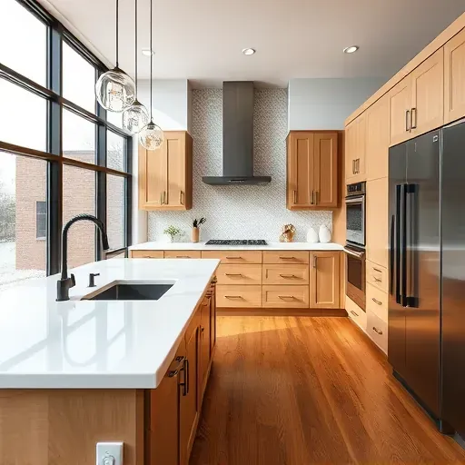 Modern Liberty Wells kitchen with sleek cabinetry, stainless steel appliances, quartz counters, mosaic backsplash, and hardwood floors.
