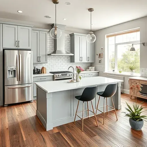 Renovated kitchen in Holladay, UT featuring gray cabinetry, white quartz countertops, stainless steel appliances, and warm wooden floors.