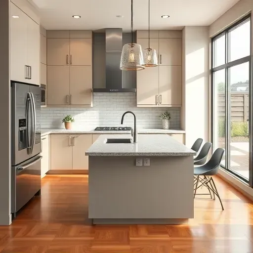 Renovated modern kitchen in Liberty Wells UT with sleek matte cabinets stainless appliances granite countertops large windows hardwood floors