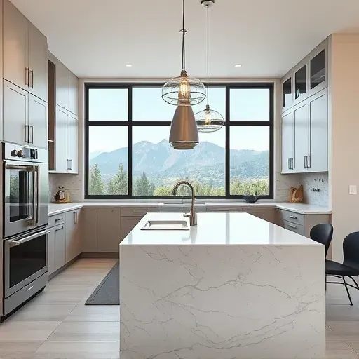 Modern remodeled Bountiful Utah kitchen with sleek matte cabinets stainless steel appliances marble island natural light