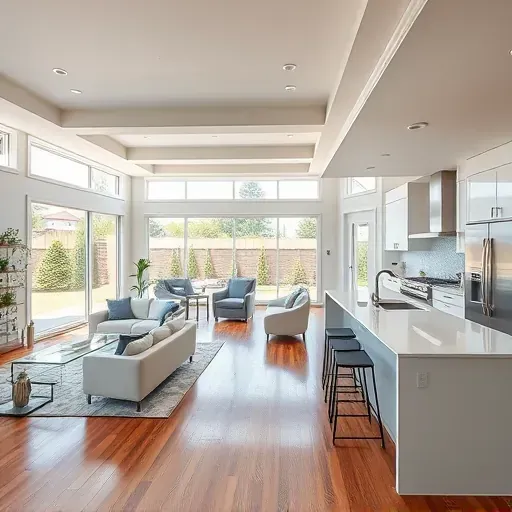 Bright, modern living room in North Salt Lake with hardwood floors, large windows, sleek furniture, and a stylish kitchen.