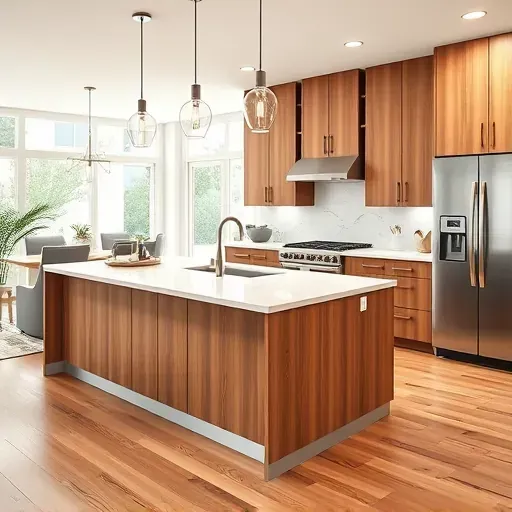 Remodeled Liberty Wells UT kitchen with warm wood cabinets stainless steel appliances marble island pendant lighting bright open layout