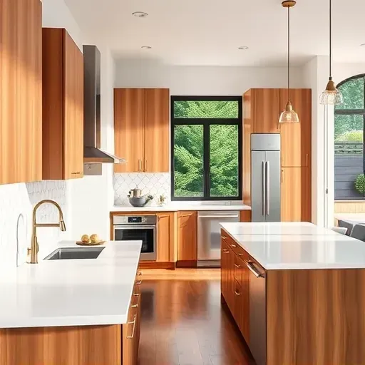 Remodeled Capitol Hill kitchen with modern wood cabinets stainless steel appliances white quartz countertops island pendant lighting hardwood floors and lush backyard view
