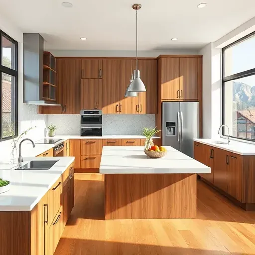 Finished Olympus Cove kitchen with modern wood cabinets, quartz countertops, stainless steel appliances, and scenic mountain views.