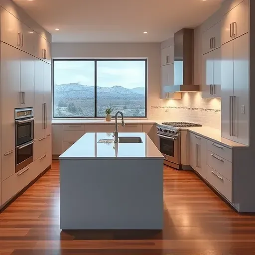 Remodeled Herriman kitchen with sleek cabinetry, granite island, stainless appliances, hardwood floors, and Utah landscape views.