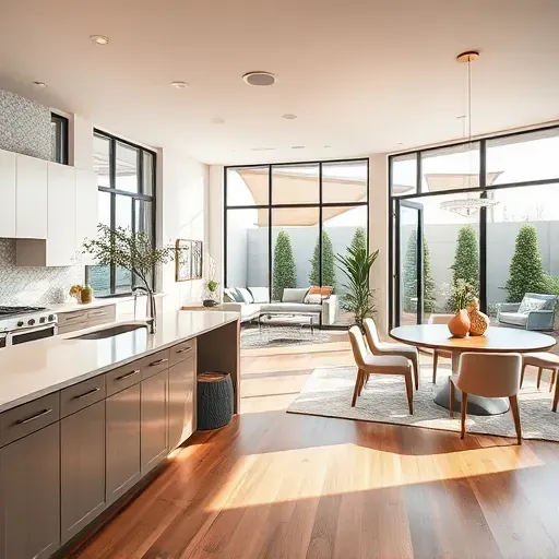 Modern home interior with sleek cabinetry, hardwood floors, open living area, and outdoor patio in Utah.