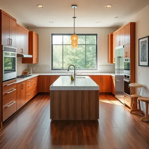 Beautiful renovated Utah kitchen with modern wood cabinets granite countertops stainless steel appliances large window hardwood floors and elegant lighting