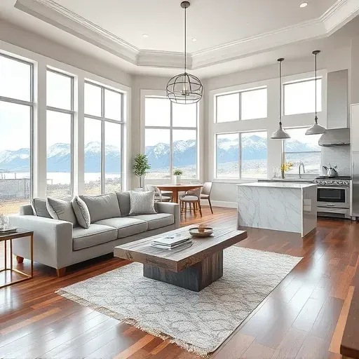 Modern Alpine UT living room remodel features natural light, high ceilings, reclaimed wood table, and mountain views.