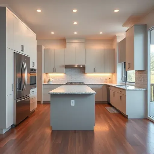 Modern Sandy Utah kitchen with sleek matte cabinets stainless steel appliances a large granite island hardwood floors and natural light