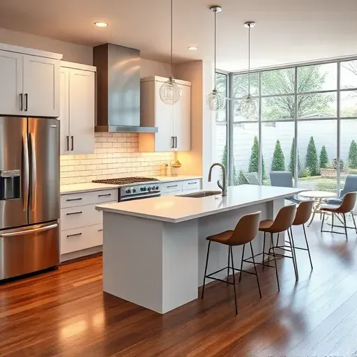 Remodeled Foothill Blvd kitchen in UT with modern cabinets, quartz countertops, large island, stainless appliances, and hardwood floors.