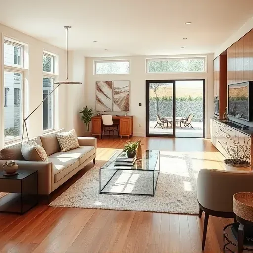 Completed home remodeling project in Wasatch Hollow, featuring a warm modern living room with elegant furnishings.