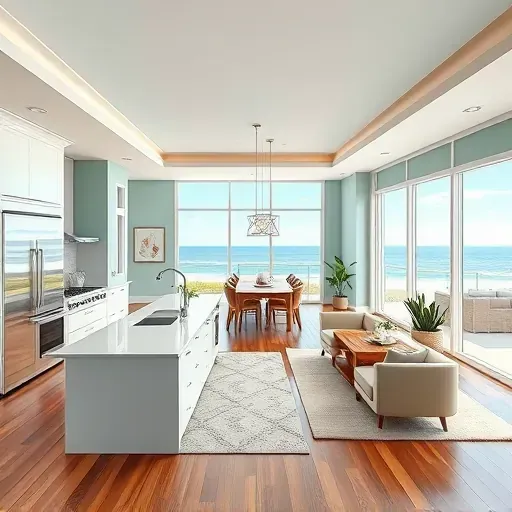 Elegant open-concept living space in Jupiter FL with coastal charm, high ceilings, modern kitchen, and natural light.