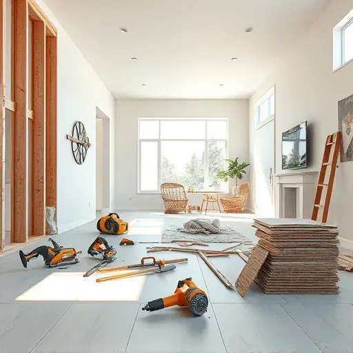 Spacious residential living room in Herriman UT showing drywall removal, exposed studs, and organized construction tools
