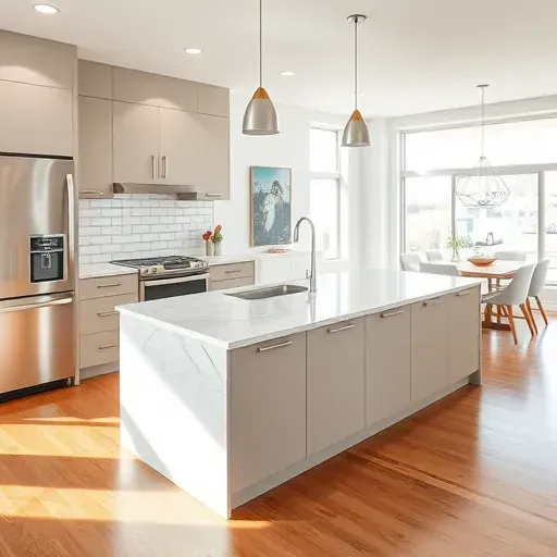 Modern renovated Harvard-Yale, UT kitchen with quartz countertops, stainless steel appliances, marble island, and natural light.