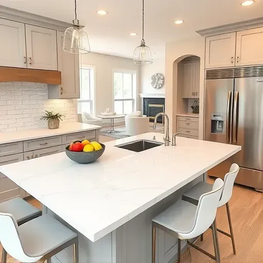 Modern Bountiful UT kitchen remodel with white marble island, dove gray cabinetry, stainless steel appliances, and natural light.