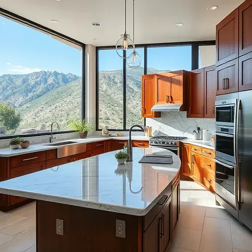 Renovated Emigration Canyon kitchen with granite countertops stainless steel appliances wooden cabinets mountain views