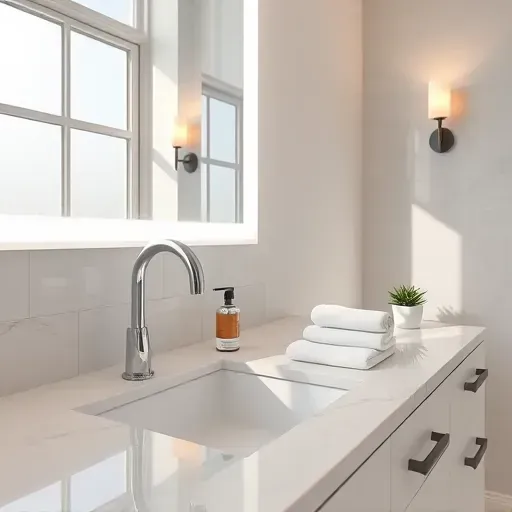 Modern Herriman UT bathroom with chrome fixtures, LED vanity lighting, glass mirror, marble countertop, wall sconces, and geometric tiled walls
