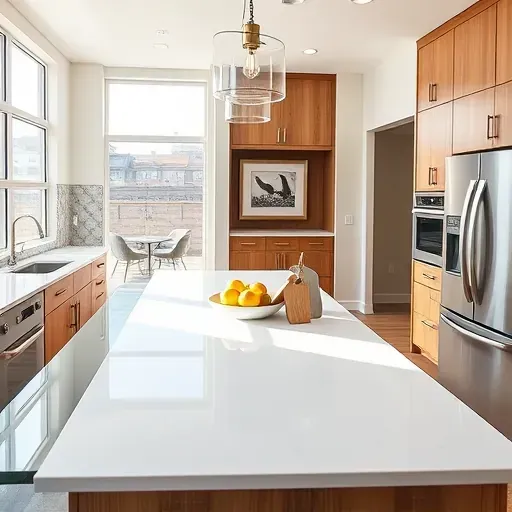 Renovated Liberty Wells kitchen with modern matte cabinets, granite countertops, stainless steel appliances, and warm hardwood flooring.