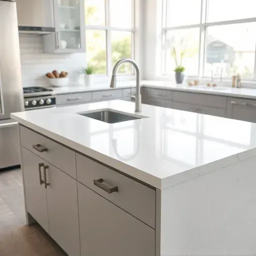 Freshly installed quartz kitchen countertop in Herriman Utah with sleek design, neutral tones, stainless appliances, and natural light