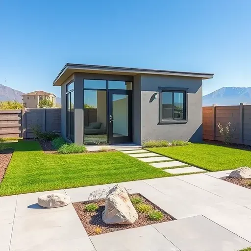 Modern completed accessory dwelling unit in Herriman Utah with landscaped backyard, large windows, and mountain views