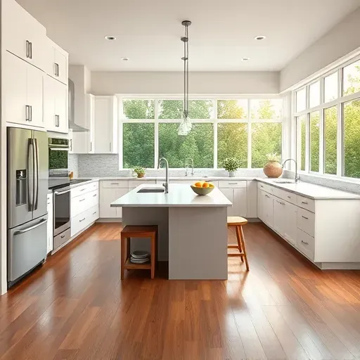 Remodeled Daybreak UT kitchen with granite countertops, stainless appliances, wooden cabinetry, hardwood floors, and large windows.