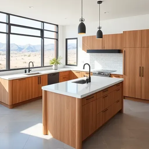 Remodeled Upper Avenues Utah kitchen with quartz countertops, oak cabinets, black fixtures, large windows, and a scenic view