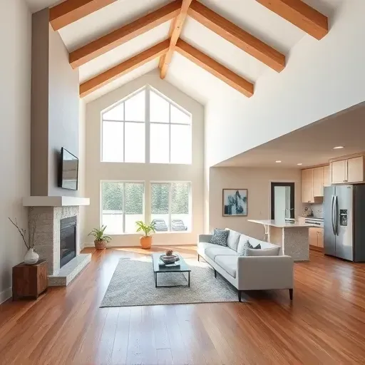 Spacious remodeled living room in Bluffdale UT features vaulted ceilings, hardwood floors, modern furniture, and fireplace.