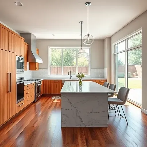 Modern kitchen in Millcreek UT with quartz countertops, warm wood cabinets, stainless steel appliances, marble island, hardwood floors, and large windows.