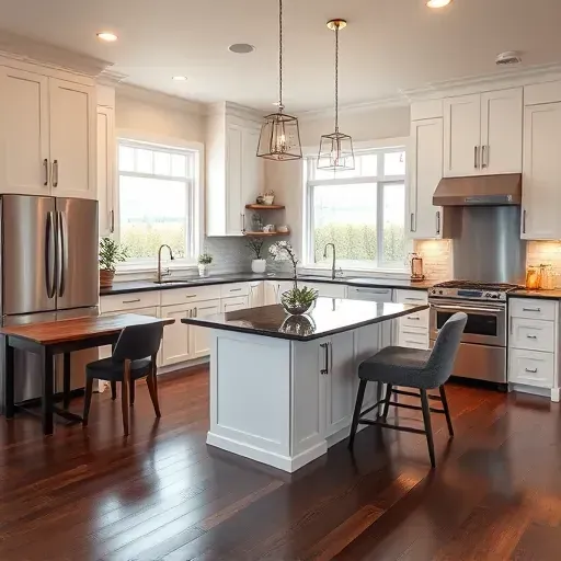 Image of a modern kitchen in South Jordan UT with white cabinets, dark granite island, stainless steel appliances, and warm lighting.