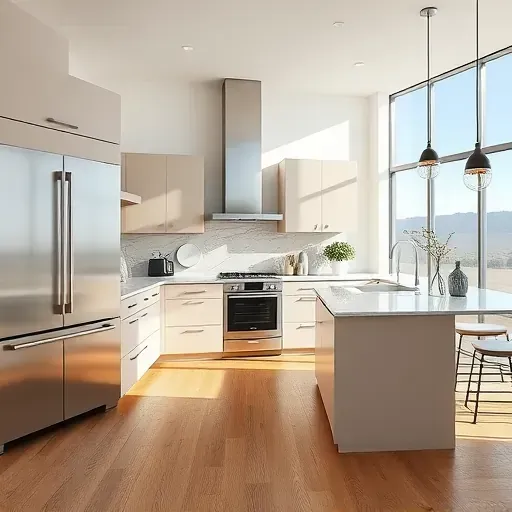 Recently renovated Riverton UT modern kitchen with sleek cabinetry, stainless steel appliances, quartz countertops, stone backsplash, hardwood floors, and large daylight-filled windows