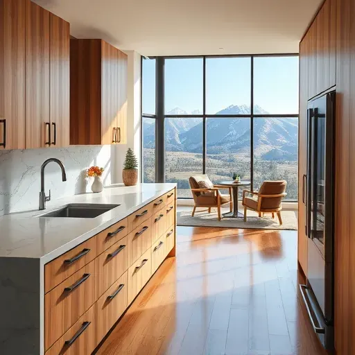 Modern remodeled kitchen in a high-end Park City home with granite counters, wooden cabinetry, stainless appliances, and mountain views.
