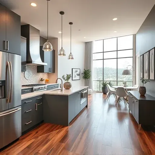 Modern kitchen remodel in Herriman UT features granite countertops, stainless steel appliances, and hardwood flooring.