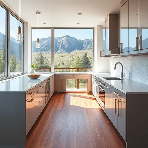 Modern kitchen in Emigration Canyon, UT with quartz countertops, stainless appliances, warm wood cabinetry, and scenic canyon view.