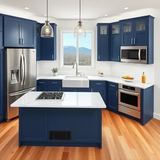 Remodeled Sandy, Utah kitchen with modern matte cabinets, marble countertops, stainless appliances, hardwood floors, and picturesque views.