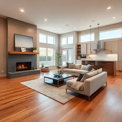 Stylish Daybreak UT living room remodel features hardwood floors, natural light, modern decor, and elegant kitchen design.