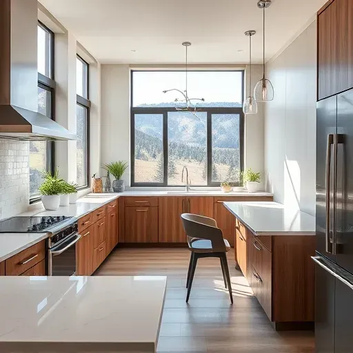 Modern Alpine kitchen with quartz countertops, warm wood cabinets, stainless appliances, mountain views, and elegant decor.
