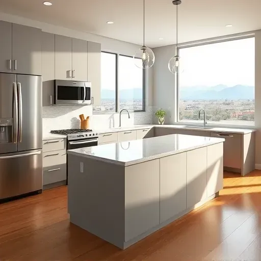 Renovated South Jordan kitchen with matte cabinetry, quartz island, stainless appliances, natural light, and stylish decor.