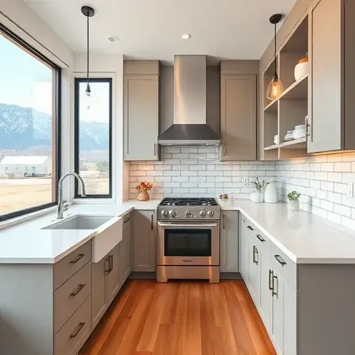 Remodeled Wasatch Hollow Utah modern kitchen with sleek cabinets quartz counters farmhouse sink marble island pendant lighting hardwood floors