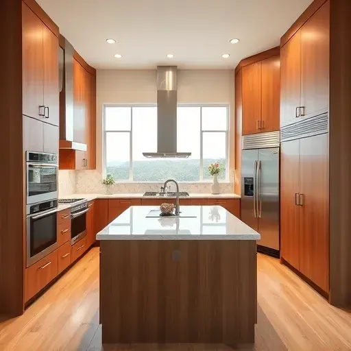 Modern Herriman kitchen featuring warm wood cabinets, stainless appliances, marble island, and natural light.