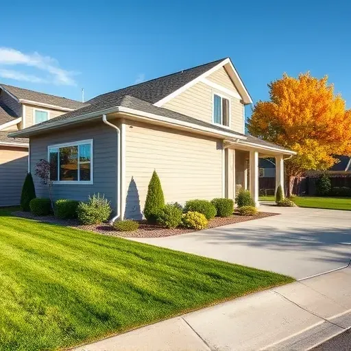 Modern home in Herriman UT with detailed siding, lush landscape, colorful trees, and clear skies highlighting craftsmanship.