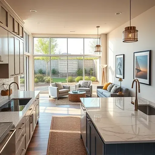 Beautifully remodeled kitchen and living area in Lehi UT showcasing modern design, cozy aesthetics, and serene outdoor views.