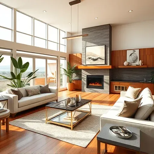 Modern living room in Murray UT featuring elegant decor, a cozy fireplace, and a stylish kitchen space with natural light.
