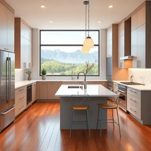 Modern Sandy, UT kitchen with navy-blue handleless cabinets, white marble counters, central island, stainless appliances, mountain views.