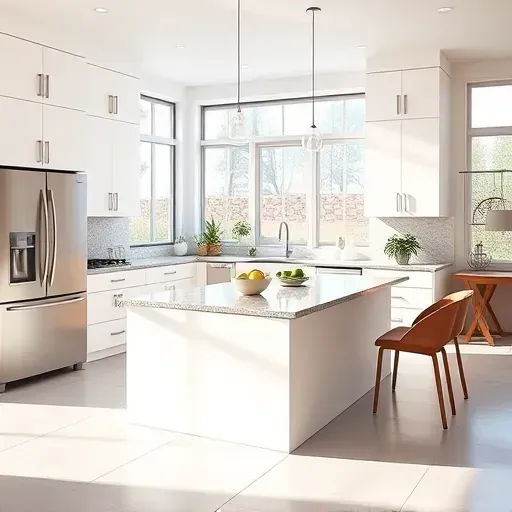 Recently remodeled North Salt Lake kitchen with modern white cabinets stainless steel appliances granite island mosaic backsplash natural lightâsleek and sophisticated