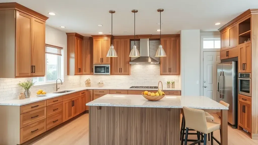 Modern Draper kitchen with quartz countertops, stainless appliances, custom wood cabinets, and scenic foothill views.