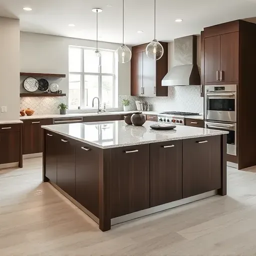 Custom modern kitchen island with polished granite, dark wood cabinetry, integrated appliances, and stylish decor in Herriman UT