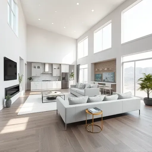 Spacious remodeled living room in Jeremy Ranch UT with modern furnishings, high ceilings, and natural light.