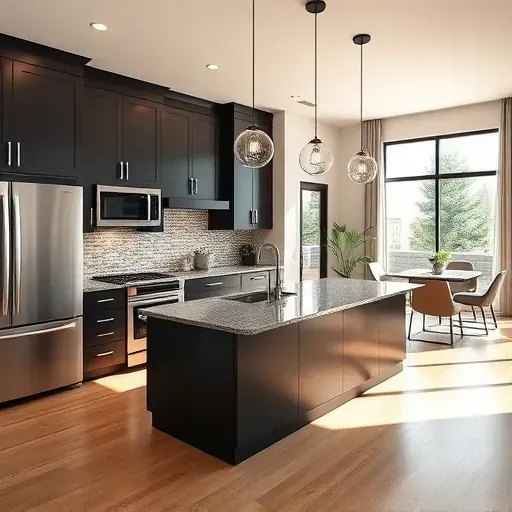 Bright modern Holladay kitchen with sleek cabinetry, stainless appliances, quartz island, and lush outdoor view.