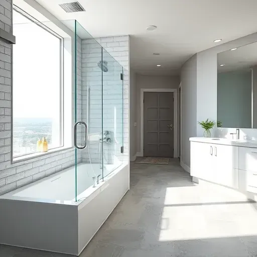 Completed modern bathroom with frameless glass shower, soaking bathtub, sleek tiles, natural light, and minimalist design in Herriman UT